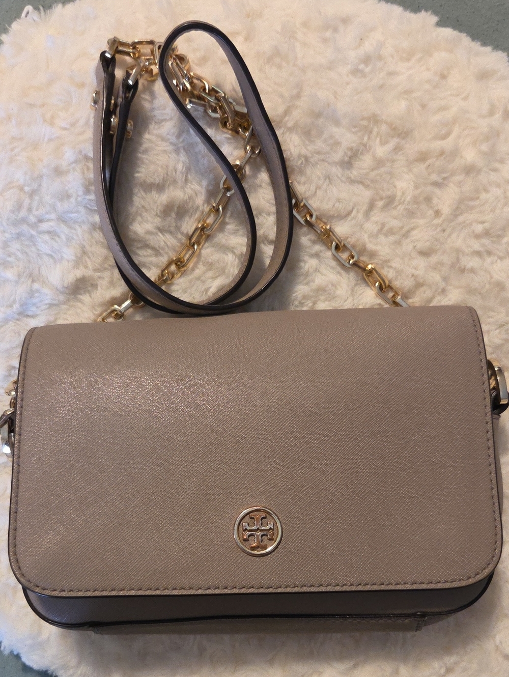 Tory Burch Taupe Saffiano Crossbody with Gold Chain